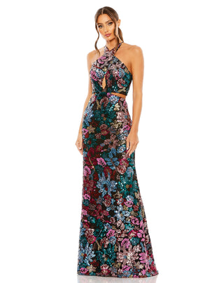 Black Sequin Embellished Cross Neck Gown