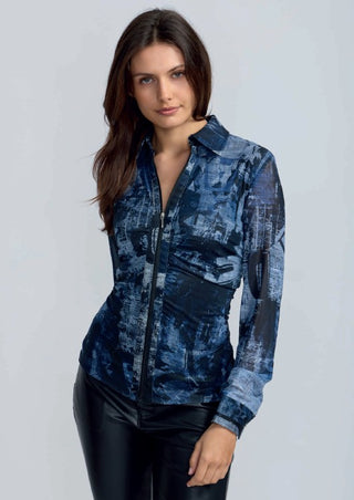 Abstract Print Zip Mesh Blouse