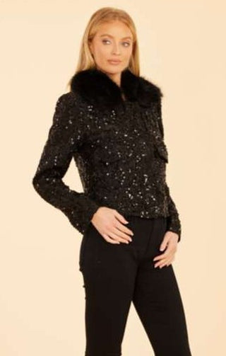 Faux Fur Trimmed Sequin Jacket Black