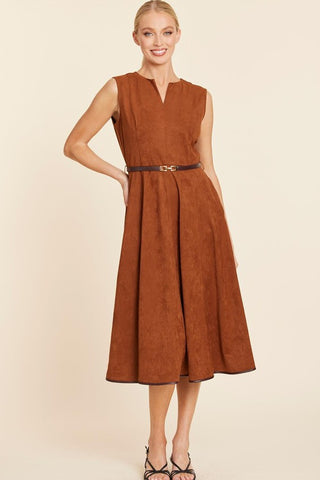 Fit & Flare Belted Suede Midi Dress