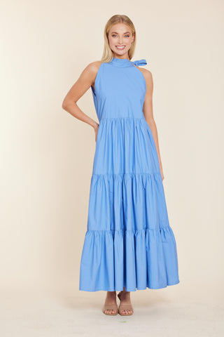 POPLIN TIE NECK TIERED LONG DRESS