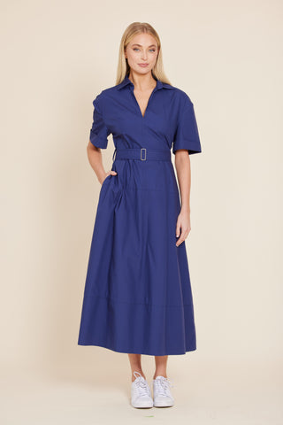 V-Neck Belted Long Dress - Navy