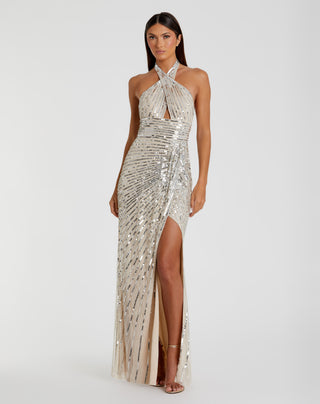 Silver Sequin Halter Keyhole Column Gown