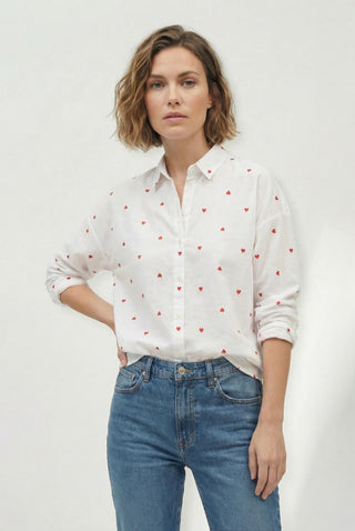 Embroidered Hearts Button Down - White/Red