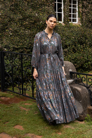 Cuff Sleeve Tie Waist Maxi - Charcoal