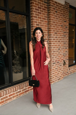 Mock Neck Backless Satin Maxi Dress