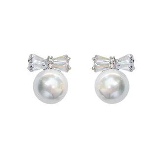 Diamond Bow Mini Pearl Stud Earrings