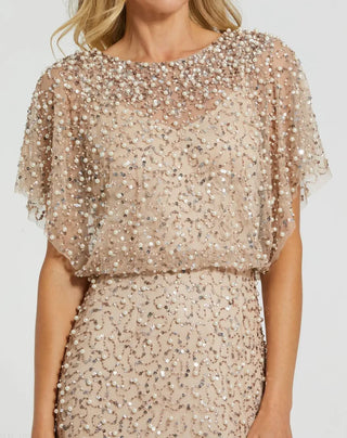 Beige High Neck Short Sleeve Embellished Gown