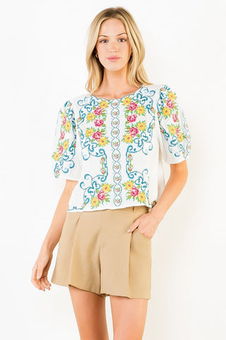 Floral Embroidery Top with Scallop Neckline