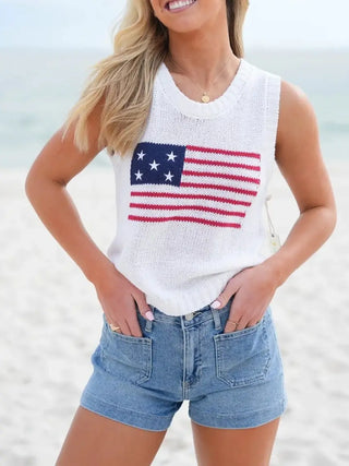 Crew Neck American Flag Knit Tank Top
