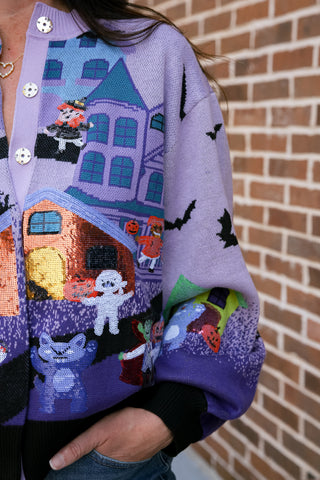 Lavender Multi Trick Or Treating Scene Cardigan