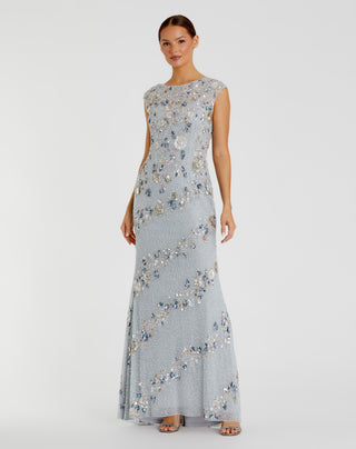 Light Blue Floral Embellished Cap Sleeve Column Gown