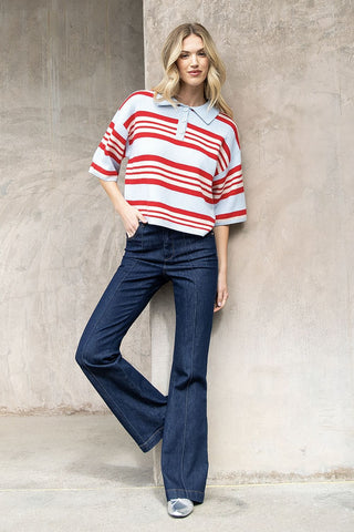 Striped Collared Sweater - Powder/Red