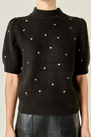 Heart-Embroidered Puff Sleeve Knit