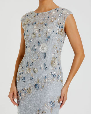 Light Blue Floral Embellished Cap Sleeve Column Gown