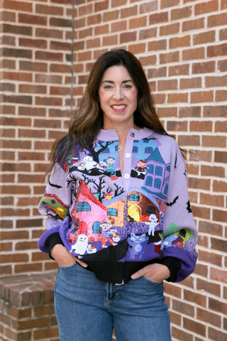 Lavender Multi Trick Or Treating Scene Cardigan