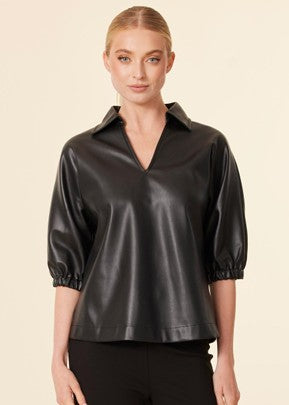 Vegan Leather VNeck Short Sleeve Top
