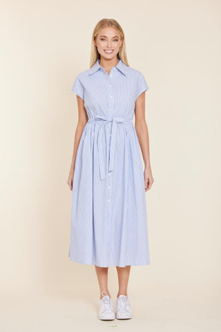 Poplin Striped Tie Waist Long Dress