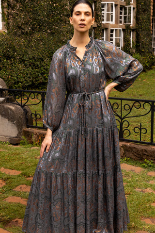 Cuff Sleeve Tie Waist Maxi - Charcoal
