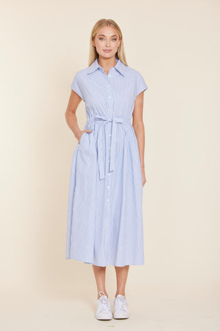 Poplin Striped Tie Waist Long Dress