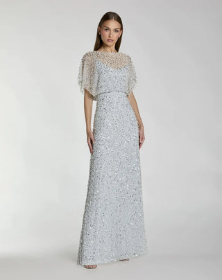 Blue High Neck Short Sleeve Embellished Gown