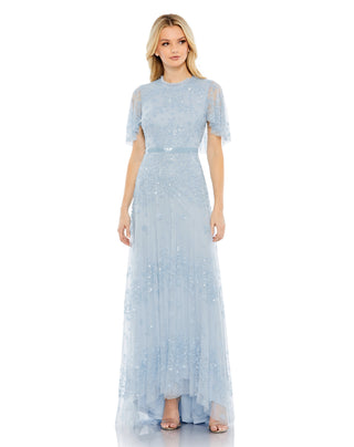 Blue Sequined High Neck Flutter Sleeve A Line Gown