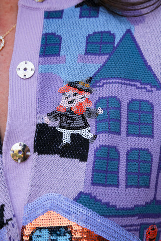 Lavender Multi Trick Or Treating Scene Cardigan