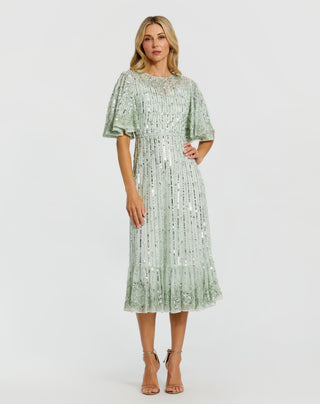 Green Flounce Sleeve Midi Dress