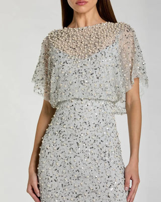 Blue High Neck Short Sleeve Embellished Gown