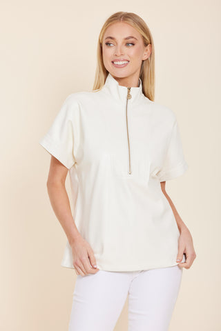 Vegan Leather Zip Up Top - Creme