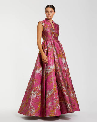 Pink Metallic Jacquard Ball Gown with Mandarin Collar