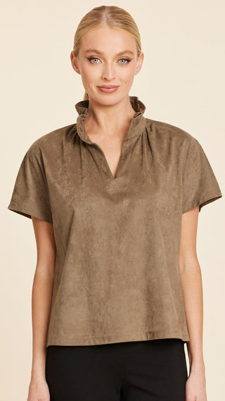 Faux Suede Stand Ruffle Collar Top