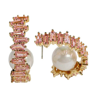 Pink Crystal and Pearl Statement Hoop Earrings