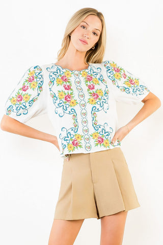 Floral Embroidery Top with Scallop Neckline