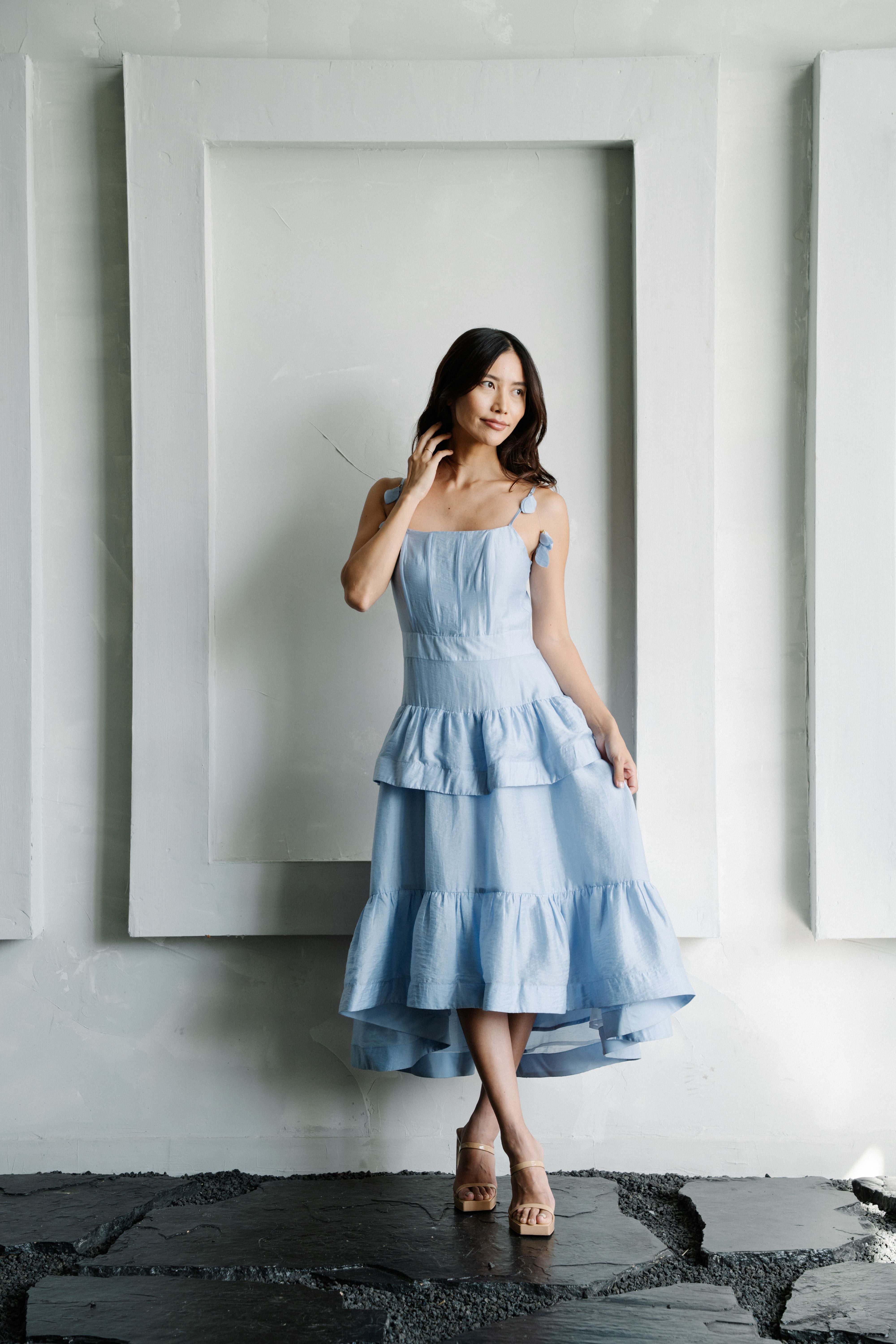 Claudetta Flower Trim Ruffled Maxi Dress - Iris Blue Iris Blue / M Claudetta Flower Trim Ruffled Maxi Dress - Iris Blue Iris Blue / M