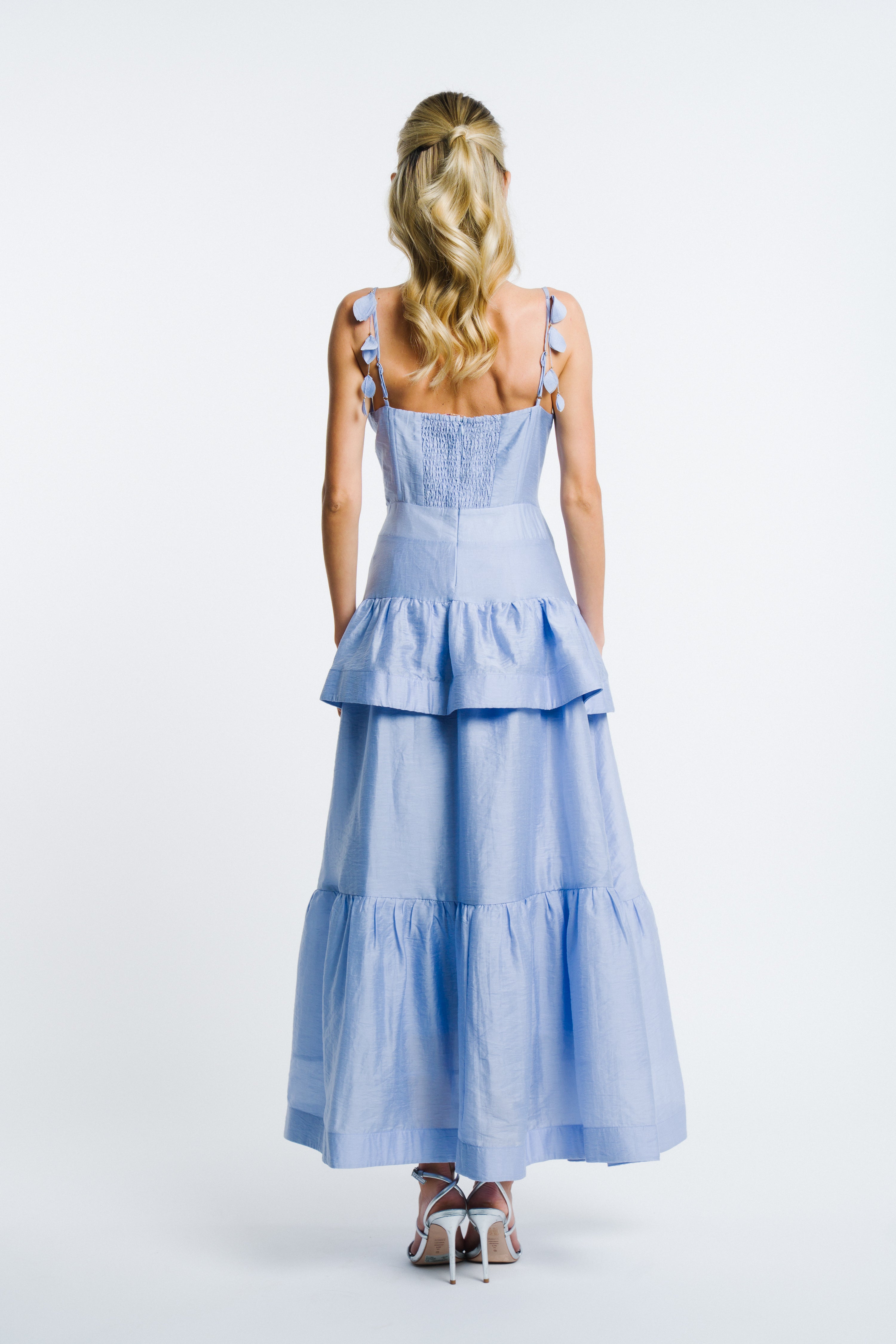 Claudetta Flower Trim Ruffled Maxi Dress Claudetta Flower Trim Ruffled Maxi Dress