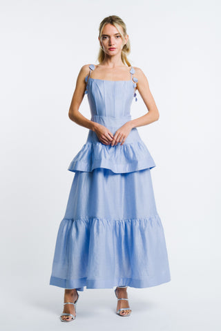 Claudetta Flower Trim Ruffled Maxi Dress