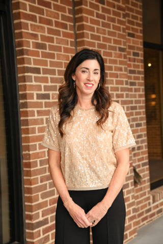 Short Sleeve Sequin Top with Chifon Trim