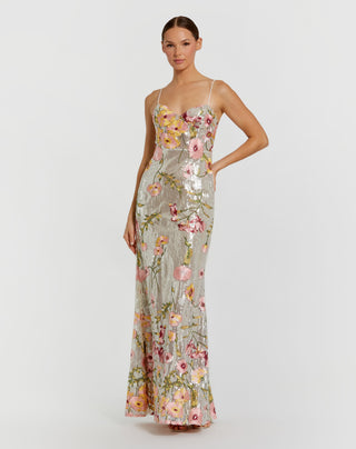 Silver Sleeveless Bustier Floral Applique Gown