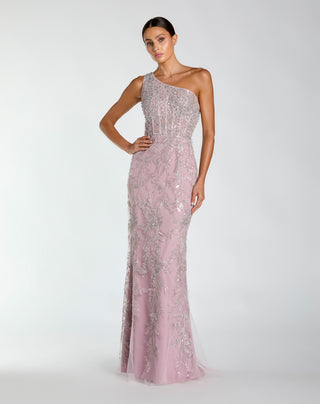 Purple One Shoulder Hand Embellished Evening Gown