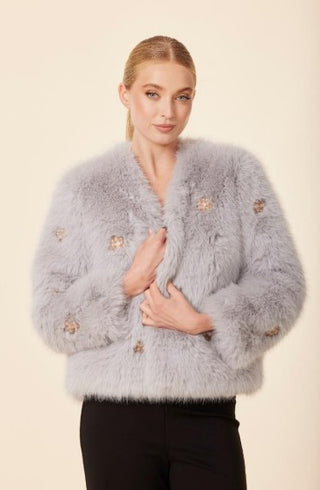 Embellished Rhinestone Flower Faux Fur Jacket