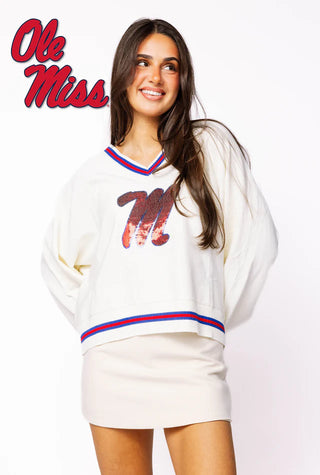 Licensed Ole Miss V Neck Striped Cuff LS Sweater