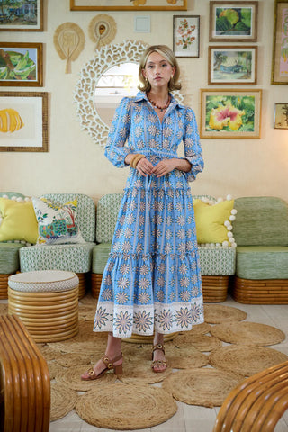 Banyan Street Puff Sleeve Dress-Blue Daisy