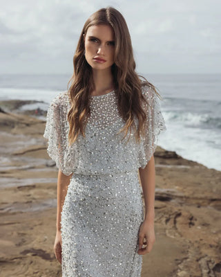 Blue High Neck Short Sleeve Embellished Gown