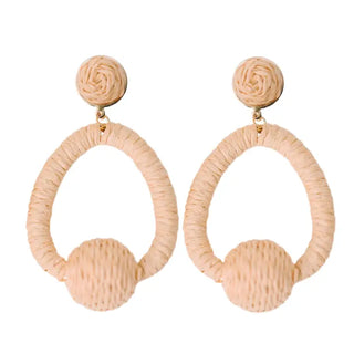 Brown Raffia Pom Pom Statement Hoop Earrings