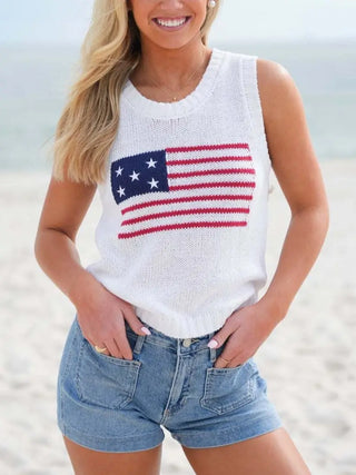 Crew Neck American Flag Knit Tank Top