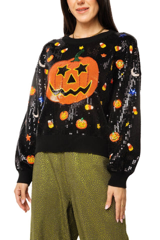 Black Full Sequin Pumpkin & Mini Icon Sweater
