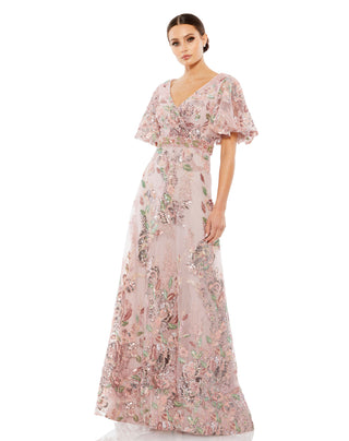 Pink Floral Embellished Short Sleeve Gown