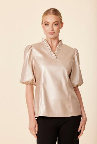 Vegan Leather Ruffle Neck Top Pale Gold