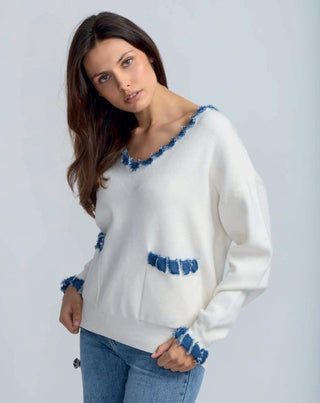 Denim Trim V-Neck Oversize Knit Top